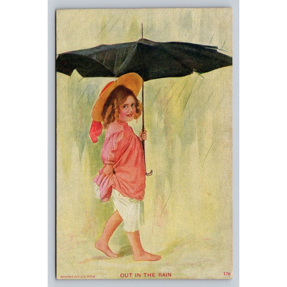 Antique Postcard Girl Barefoot Rain Pink Dress Bloomers Umbrella Joyful Defiance - Picture 1 of 2